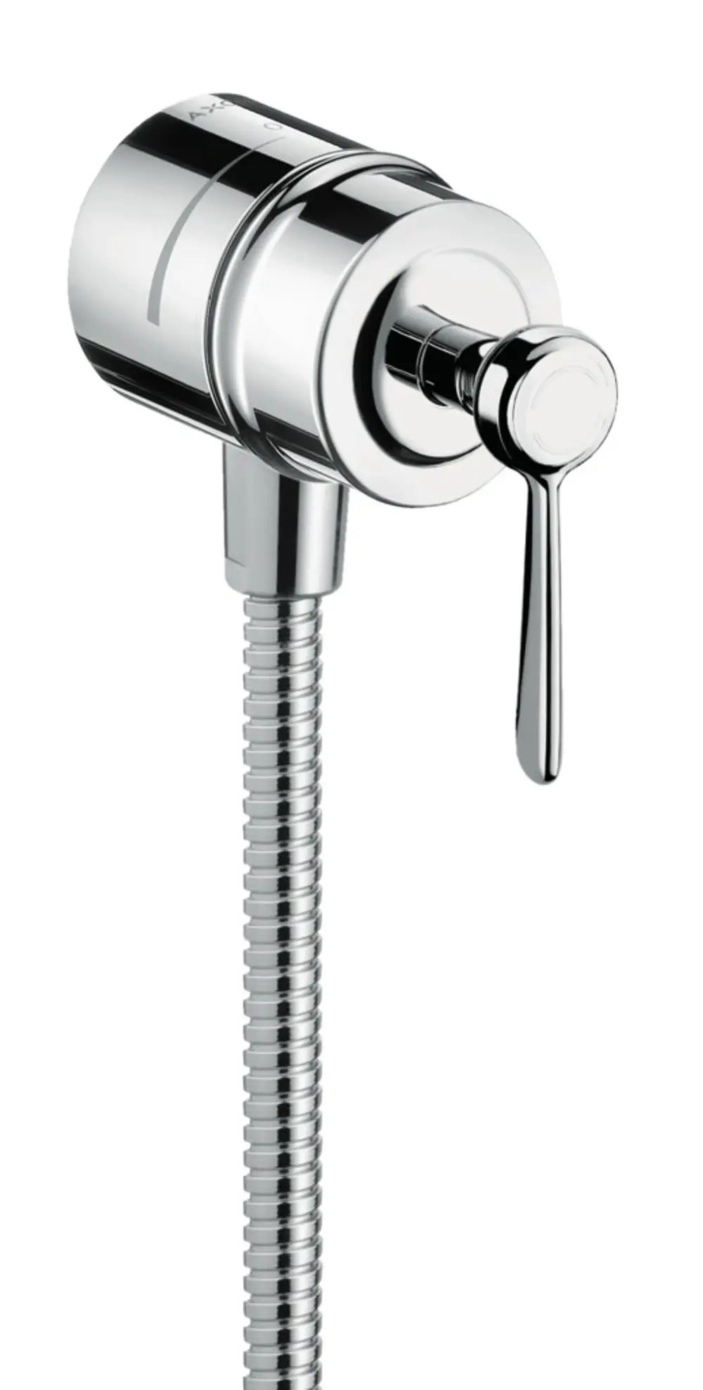 Wandanschluss mit Hebelgriff von AXOR, ausgestattet mit einem Rückflussverhinderer und Absperrventil, in Edelstahloptik. Flexible Verbindungsschlauch sichtbar.
